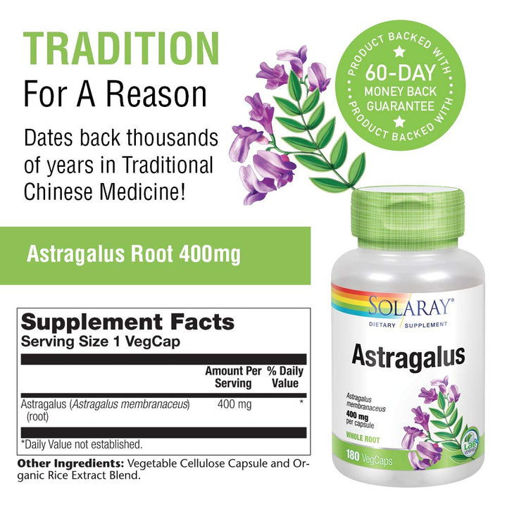 SOLARAY Astragalus Root 400mg | Healthy Immune Function & Stress Support | Adaptogen Herb | Non - GMO, Vegan & Lab Verified | 180 VegCaps - The Oasis of Health