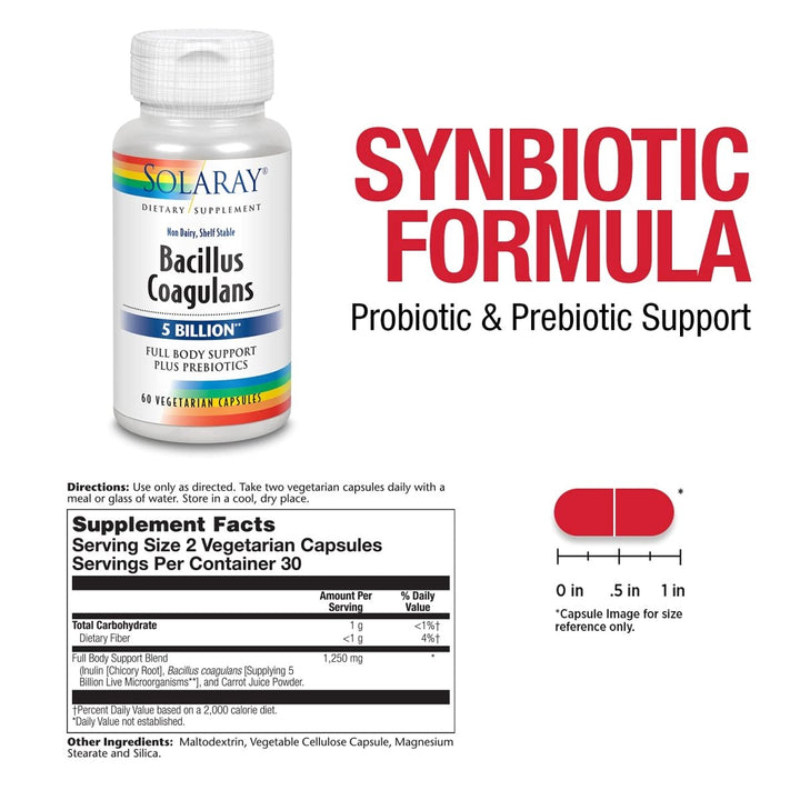 SOLARAY Bacillus Coagulans Probiotic, Shelf Stable | Full Body Support | 5 Bill. CFUs & Prebiotics, 60 VegCaps, 30 Serv. - The Oasis of Health