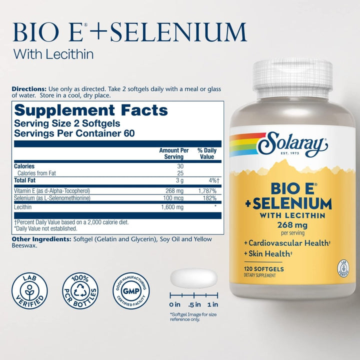 Solaray Bio Vitamin E with Selenium, Vitamin E 400 IU Softgels Plus Selenium 100 mcg, Antioxidants Supplement for Healthy Skin and Heart Support, High Absorption, Lab Verified, 60 - Day Guarantee, 60 Servings, 120 Softgels - The Oasis of Health