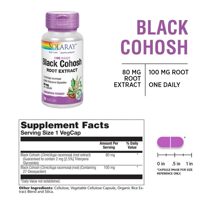 Solaray Black Cohosh Root Extract 80 mg | One Daily Womens Health & Menopause Support Supplement | Non - GMO, Vegan & Lab Verified | 30 VegCaps - The Oasis of Health