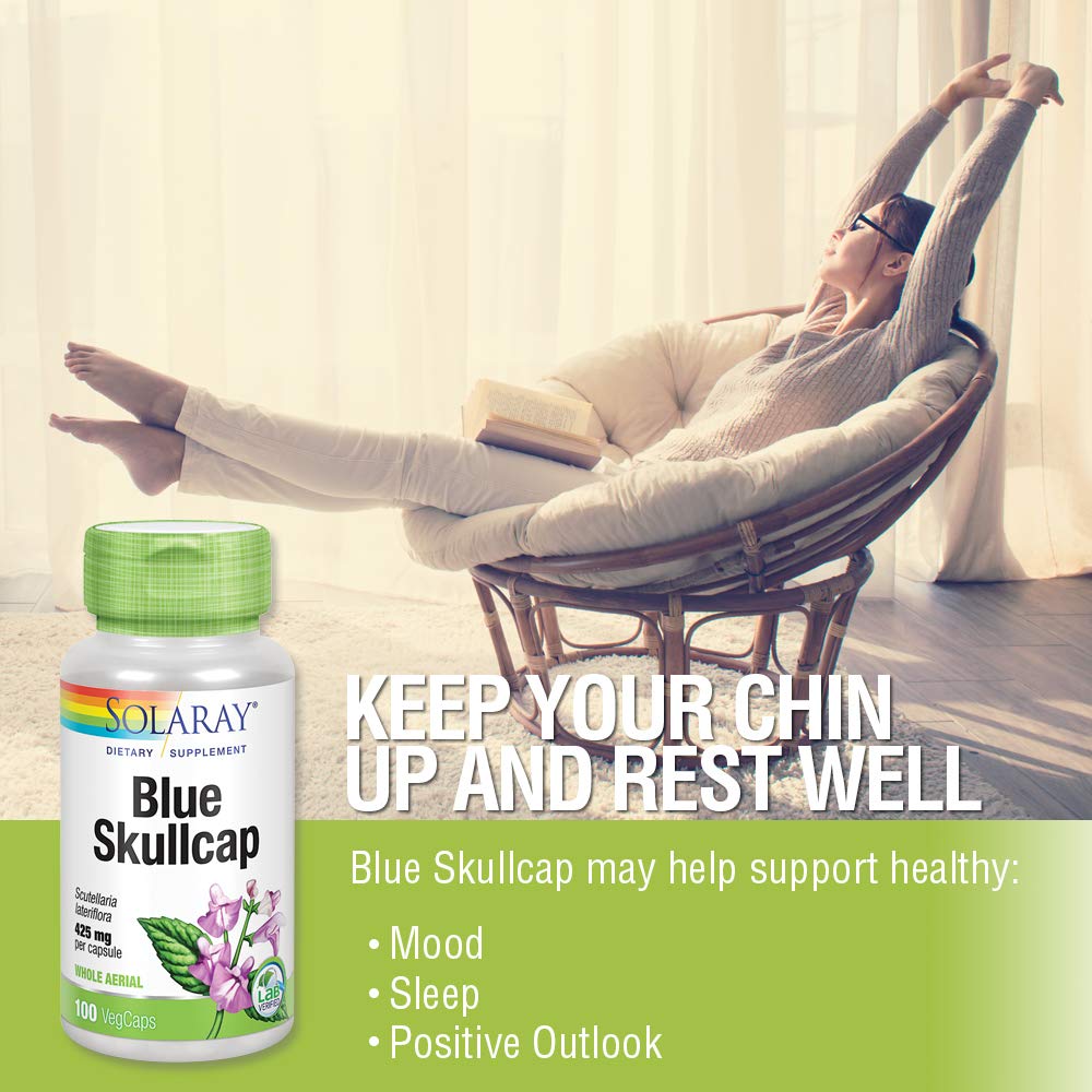 Solaray Blue Skullcap 425mg | Whole Aerial | Healthy Mood and Normal GABA Activity Support | Vegan | 100 VegCaps - The Oasis of Health