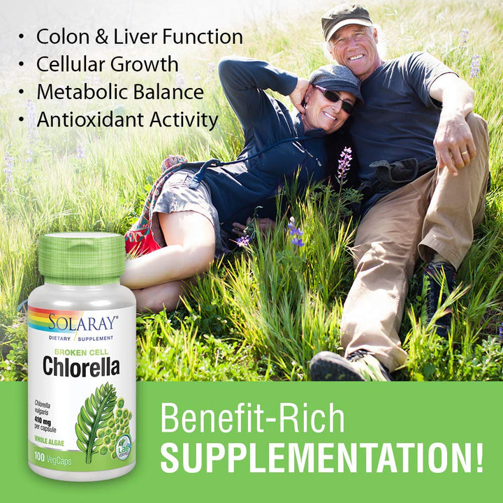 SOLARAY Broken Cell Chlorella 410 mg | Nutrient - Rich Superfood w/Naturally Occurring Protein, Vitamins, Minerals, Chlorophyll | Non - GMO | 100 VegCaps - The Oasis of Health