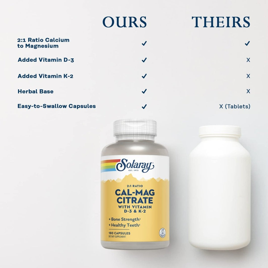 Solaray Cal - Mag Citrate 2:1 with D - 3 & K - 2 Capsules 180 Count - The Oasis of Health