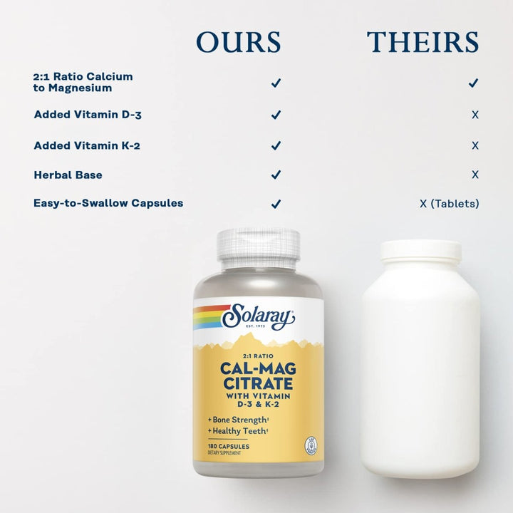 Solaray Cal - Mag Citrate 2:1 with D - 3 & K - 2 Capsules 180 Count - The Oasis of Health