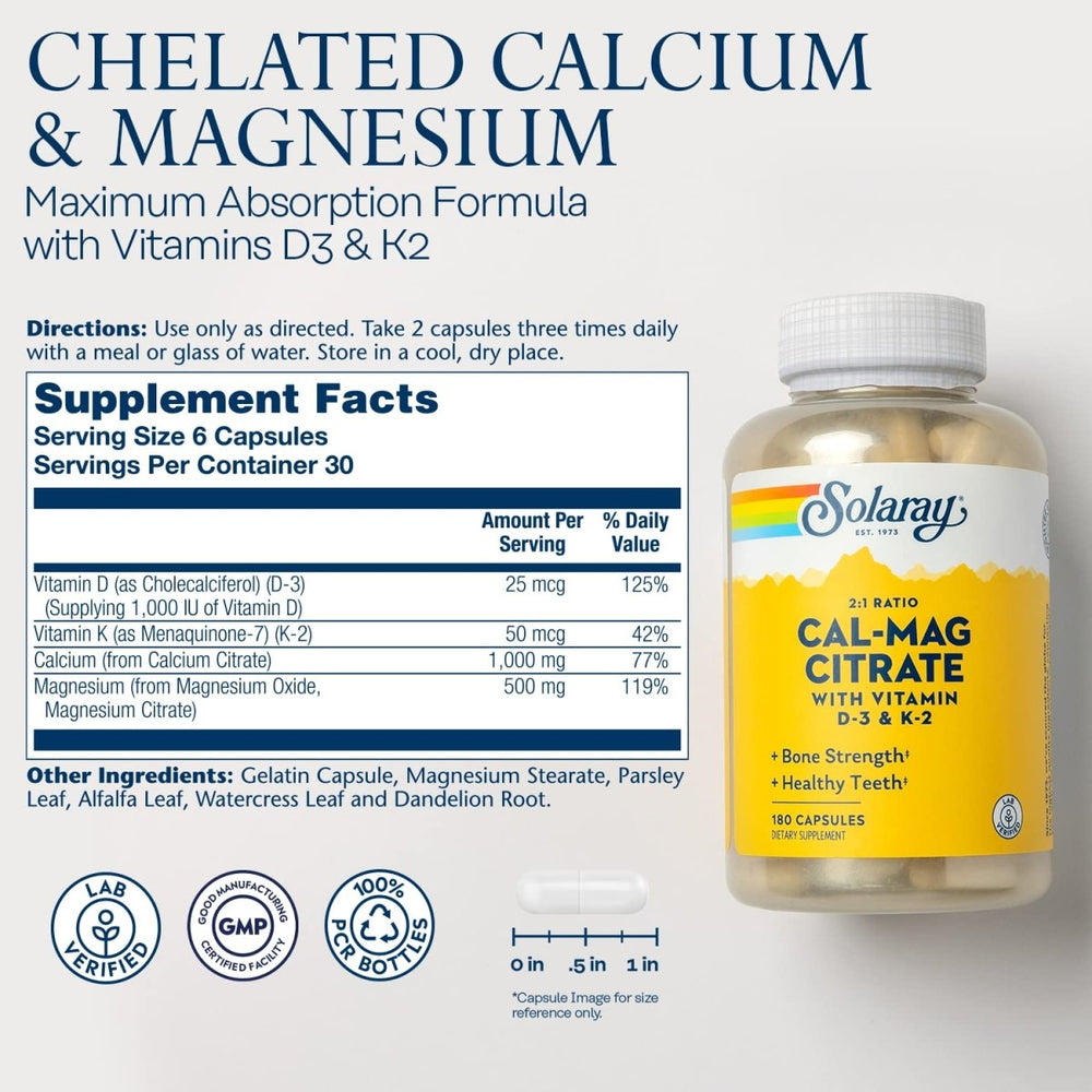 Solaray Cal - Mag Citrate 2:1 with D - 3 & K - 2 Capsules 180 Count - The Oasis of Health