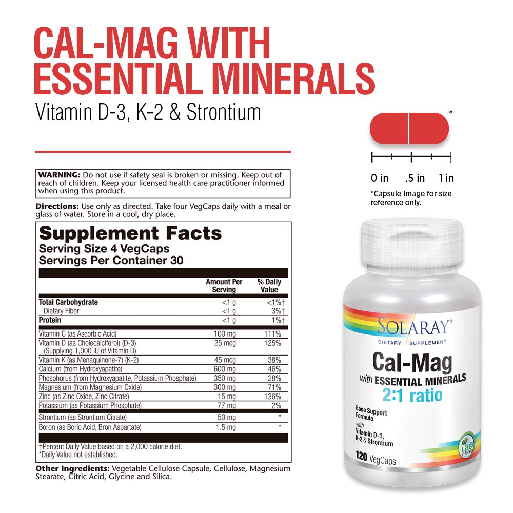 Solaray Cal - Mag with Essential Minerals | Comprehensive Bone Support Formula | Calcium, Magnesium, Strontium, Vitamins D - 3 & K - 2 | 120 VegCaps, 30 Servings - The Oasis of Health