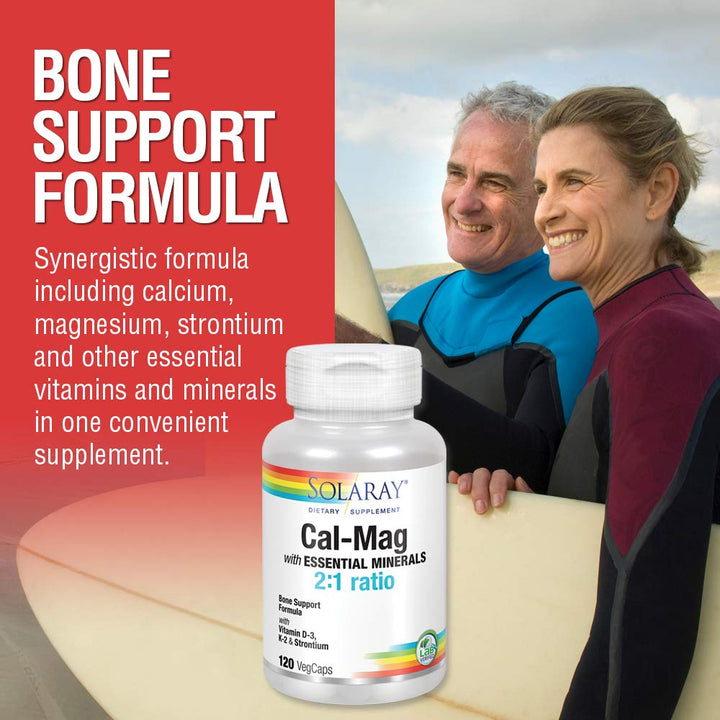Solaray Cal - Mag with Essential Minerals | Comprehensive Bone Support Formula | Calcium, Magnesium, Strontium, Vitamins D - 3 & K - 2 | 120 VegCaps, 30 Servings - The Oasis of Health