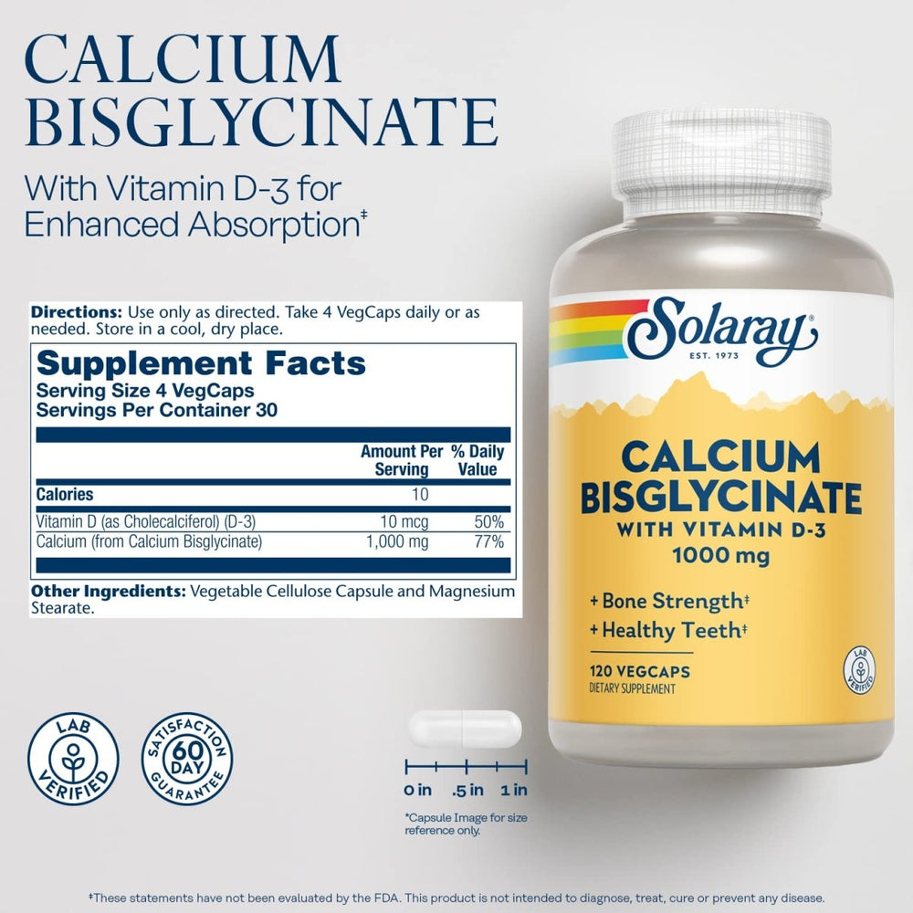 Solaray Calcium Bisglycinate 1000mg with Vitamin D - 3, Chelated Calcium Supplement for Bone Strength and Healthy Teeth Support, Enhanced Absorption and Easy to Digest, 30 Servings, 120 VegCaps - The Oasis of Health