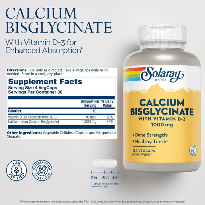 Solaray Calcium Bisglycinate 1000mg with Vitamin D - 3, Chelated Calcium Supplement for Bone Strength and Healthy Teeth Support, Enhanced Absorption and Easy to Digest, 30 Servings, 120 VegCaps - The Oasis of Health