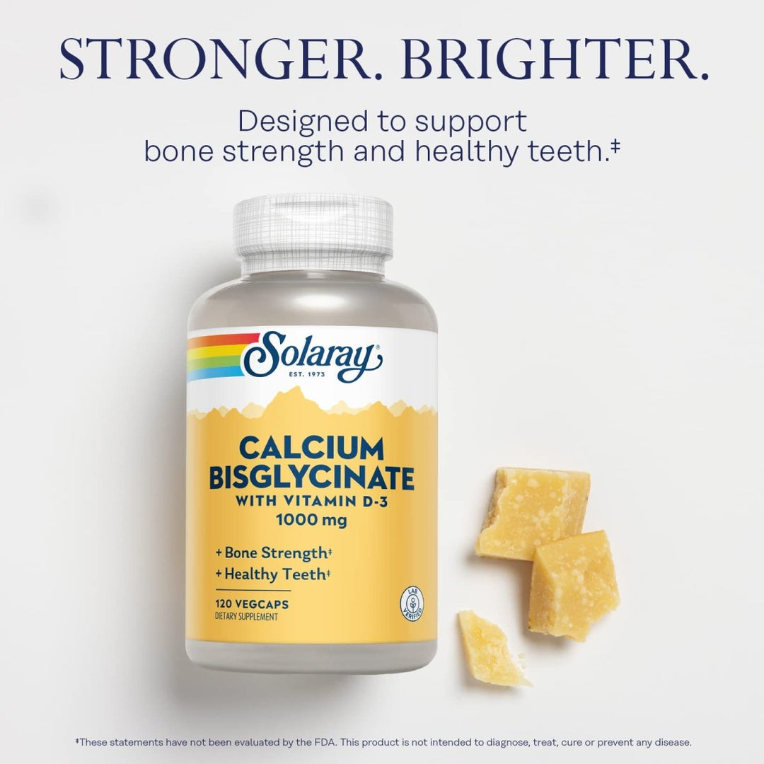 Solaray Calcium Bisglycinate 1000mg with Vitamin D - 3, Chelated Calcium Supplement for Bone Strength and Healthy Teeth Support, Enhanced Absorption and Easy to Digest, 30 Servings, 120 VegCaps - The Oasis of Health