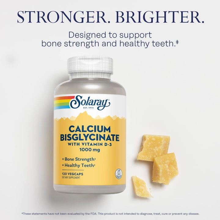 Solaray Calcium Bisglycinate 1000mg with Vitamin D - 3, Chelated Calcium Supplement for Bone Strength and Healthy Teeth Support, Enhanced Absorption and Easy to Digest, 30 Servings, 120 VegCaps - The Oasis of Health