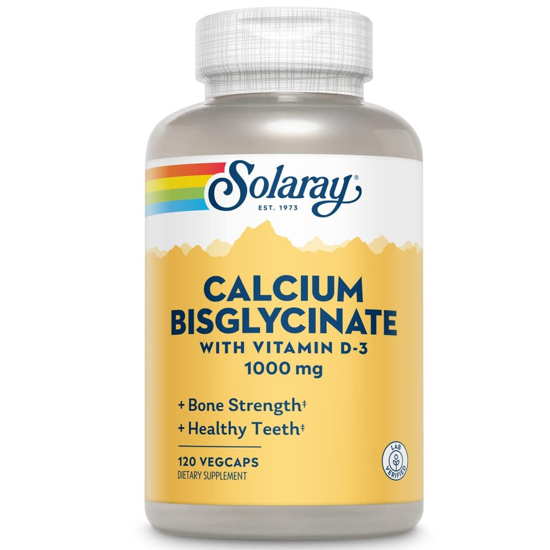 Solaray Calcium Bisglycinate 1000mg with Vitamin D - 3, Chelated Calcium Supplement for Bone Strength and Healthy Teeth Support, Enhanced Absorption and Easy to Digest, 30 Servings, 120 VegCaps - The Oasis of Health