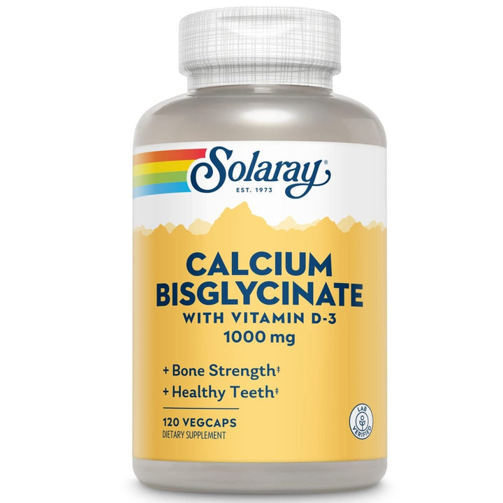 Solaray Calcium Bisglycinate 1000mg with Vitamin D - 3, Chelated Calcium Supplement for Bone Strength and Healthy Teeth Support, Enhanced Absorption and Easy to Digest, 30 Servings, 120 VegCaps - The Oasis of Health
