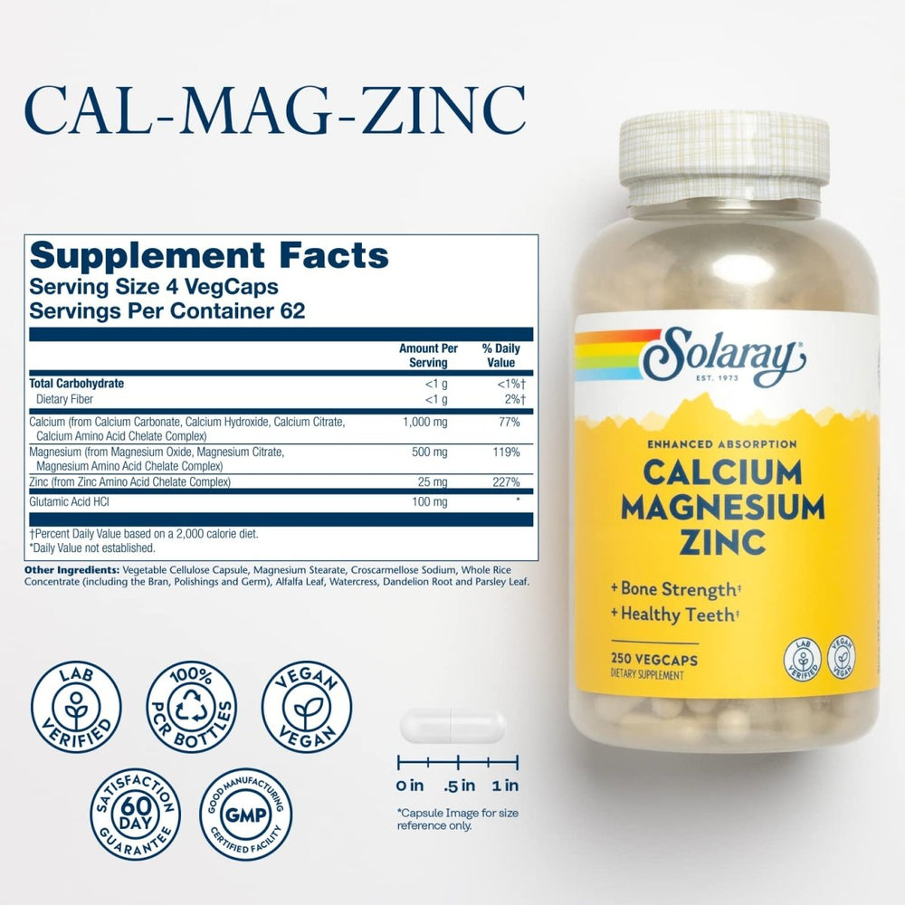 Solaray - Calcium Magnesium Zinc - 250 Vegetarian Capsules 04561 - The Oasis of Health