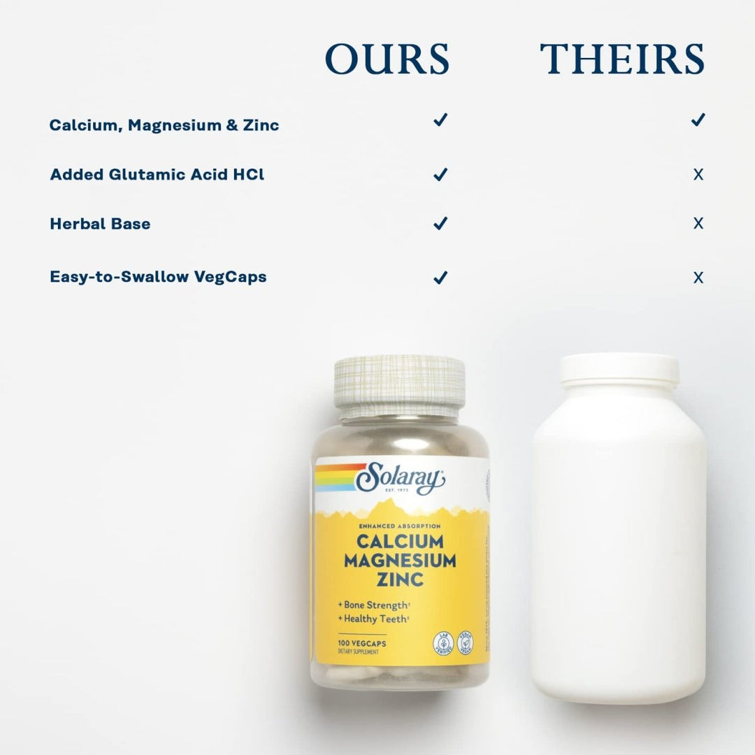 Solaray Calcium Magnesium Zinc Supplement, with Cal & Mag Citrate, Strong Bones & Teeth Support, Easy to Swallow Capsules, Vegan, 60 Day Money Back Guarantee, 25 Servings, 100 VegCaps - The Oasis of Health