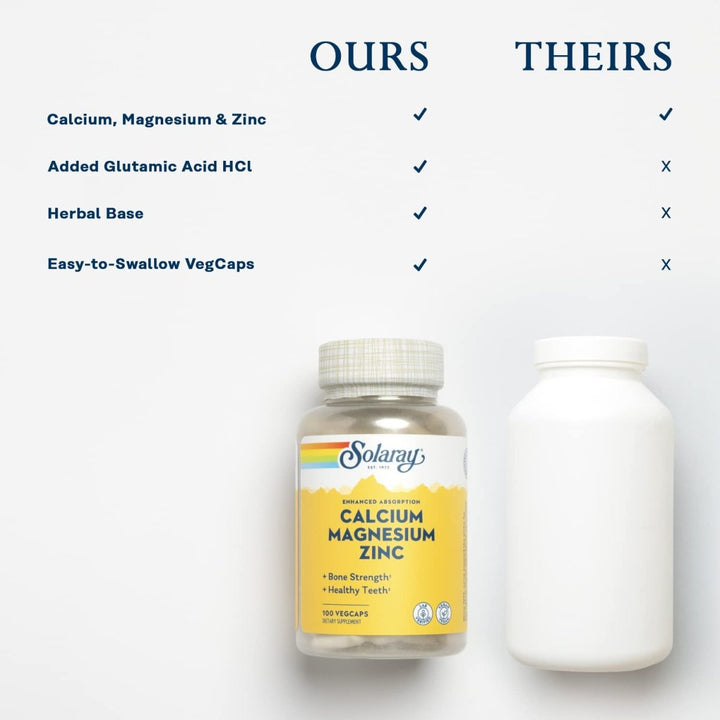 Solaray Calcium Magnesium Zinc Supplement, with Cal & Mag Citrate, Strong Bones & Teeth Support, Easy to Swallow Capsules, Vegan, 60 Day Money Back Guarantee, 25 Servings, 100 VegCaps - The Oasis of Health