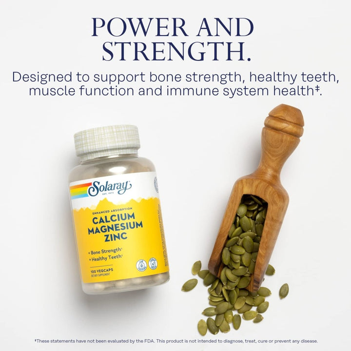 Solaray Calcium Magnesium Zinc Supplement, with Cal & Mag Citrate, Strong Bones & Teeth Support, Easy to Swallow Capsules, Vegan, 60 Day Money Back Guarantee, 25 Servings, 100 VegCaps - The Oasis of Health