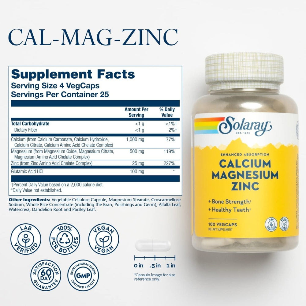 Solaray Calcium Magnesium Zinc Supplement, with Cal & Mag Citrate, Strong Bones & Teeth Support, Easy to Swallow Capsules, Vegan, 60 Day Money Back Guarantee, 25 Servings, 100 VegCaps - The Oasis of Health