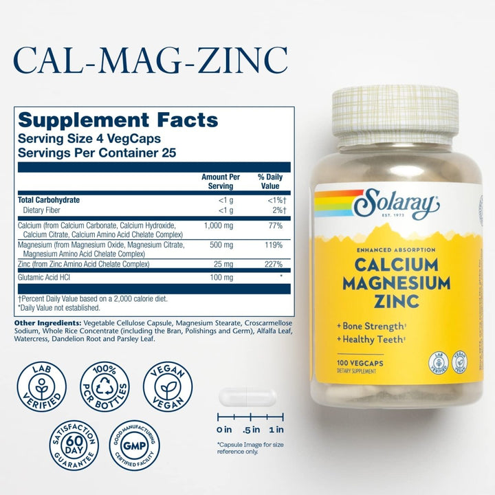 Solaray Calcium Magnesium Zinc Supplement, with Cal & Mag Citrate, Strong Bones & Teeth Support, Easy to Swallow Capsules, Vegan, 60 Day Money Back Guarantee, 25 Servings, 100 VegCaps - The Oasis of Health