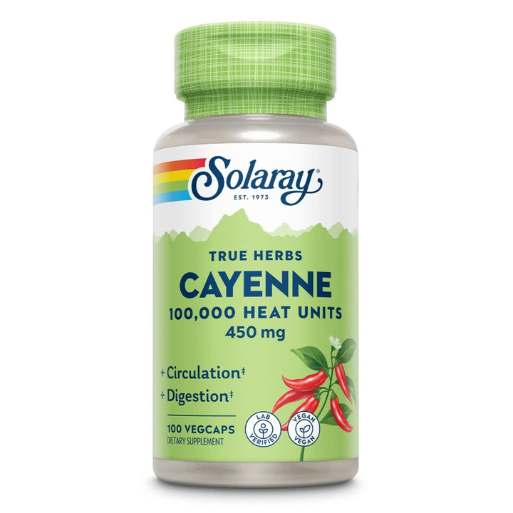 SOLARAY Cayenne Pepper 450 mg | 100,000 Heat Unit | Healthy Digestion, Circulation, Metabolism & Cardiovascular Support | Non - GMO | 100 VegCaps - The Oasis of Health