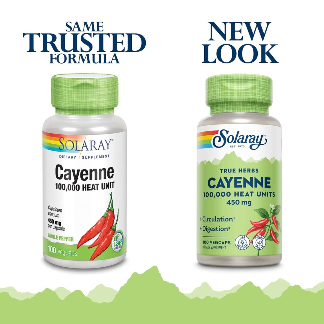 SOLARAY Cayenne Pepper 450 mg | 100,000 Heat Unit | Healthy Digestion, Circulation, Metabolism & Cardiovascular Support | Non - GMO | 100 VegCaps - The Oasis of Health