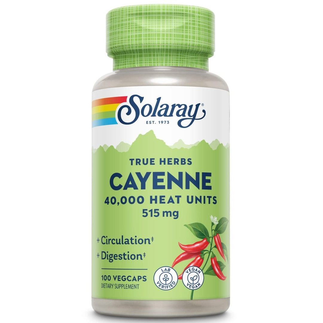 SOLARAY Cayenne Pepper 515 mg | 40,000 Heat Unit | Healthy Digestion, Circulation, Metabolism & Cardiovascular Support | Non - GMO | 100 VegCaps - The Oasis of Health