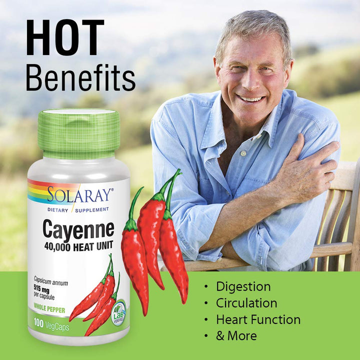 SOLARAY Cayenne Pepper 515 mg | 40,000 Heat Unit | Healthy Digestion, Circulation, Metabolism & Cardiovascular Support | Non - GMO | 100 VegCaps - The Oasis of Health