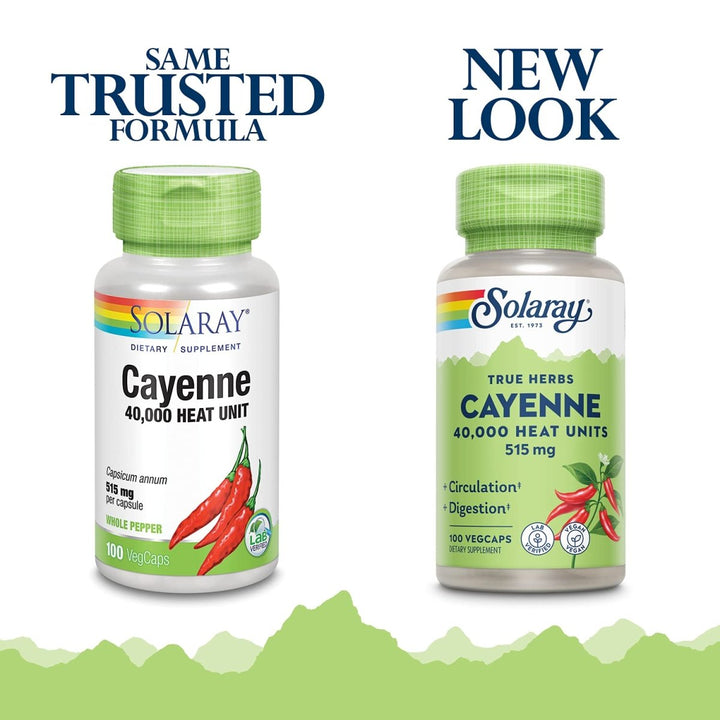 SOLARAY Cayenne Pepper 515 mg | 40,000 Heat Unit | Healthy Digestion, Circulation, Metabolism & Cardiovascular Support | Non - GMO | 100 VegCaps - The Oasis of Health