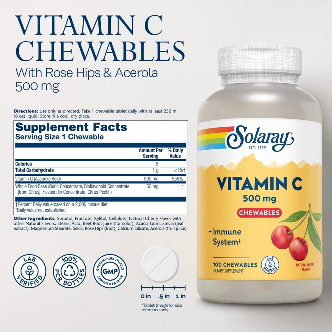Solaray Chewable Vitamin C 500 mg, Natural Cherry Flavor with Natural Sweeteners, Antioxidant and Immune Support Supplement with Whole Food Base, 60 - Day Guarantee, 100 Servings, 100 Chewables - The Oasis of Health