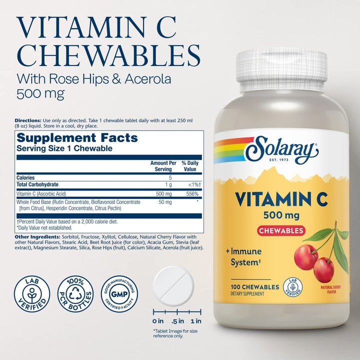 Solaray Chewable Vitamin C 500 mg, Natural Cherry Flavor with Natural Sweeteners, Antioxidant and Immune Support Supplement with Whole Food Base, 60 - Day Guarantee, 100 Servings, 100 Chewables - The Oasis of Health