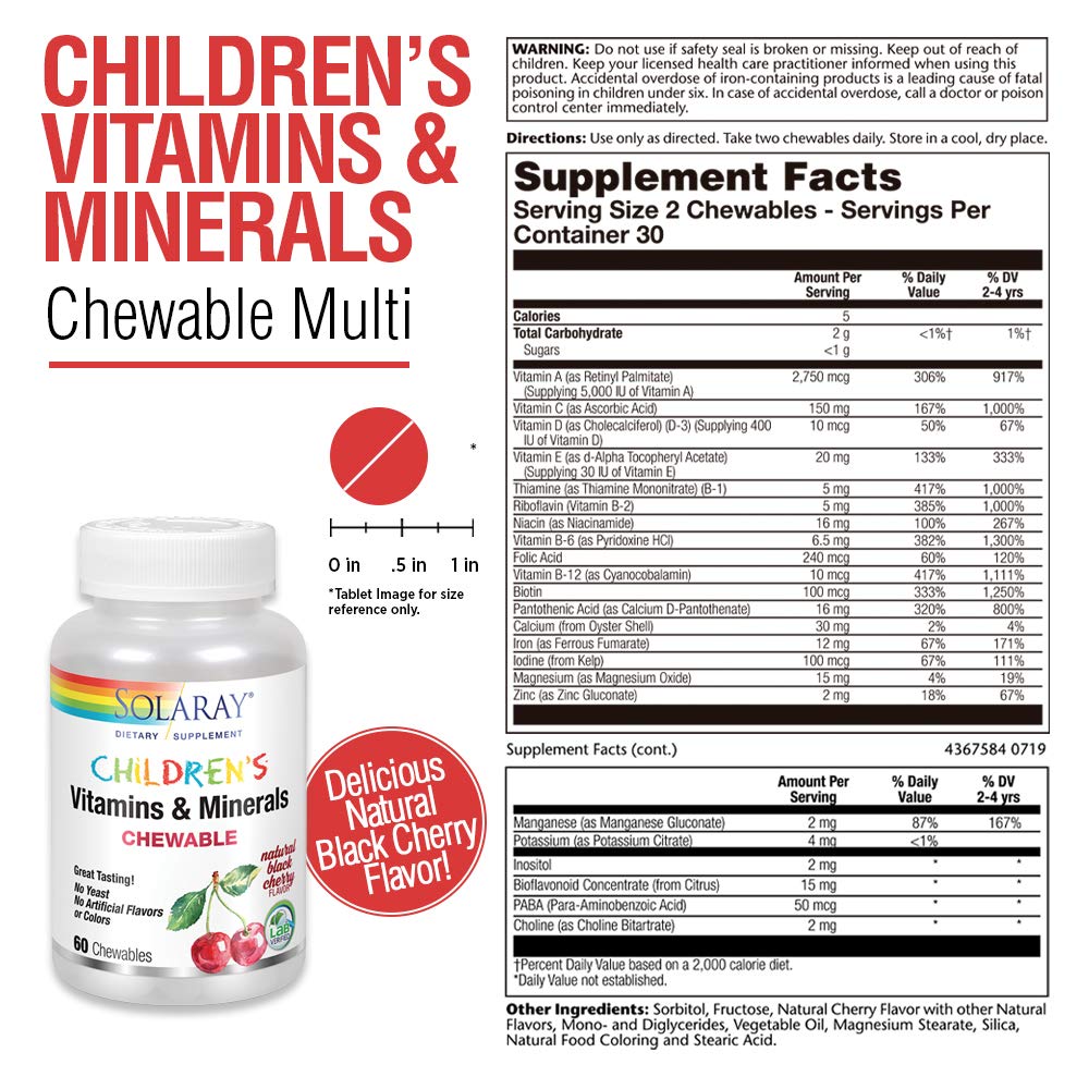 Solaray Childrens Vitamins & Minerals Complete Multivitamin for Kids Great Black Cherry Flavor (076280047974) (60 Chews, 30 Serv) - The Oasis of Health
