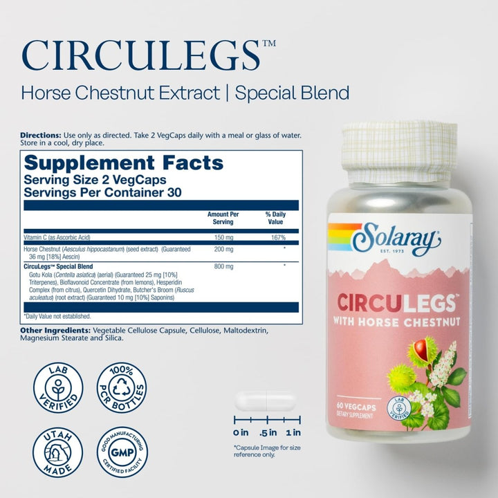 SOLARAY CircuLegs with Horse Chestnut Extract, Gotu Kola, Butcher's Broom, and More, Circulation and Vein Support for Healthy Legs, 60 - Day Guarantee, Lab Verified (30 Serv, 60 VegCaps) - The Oasis of Health
