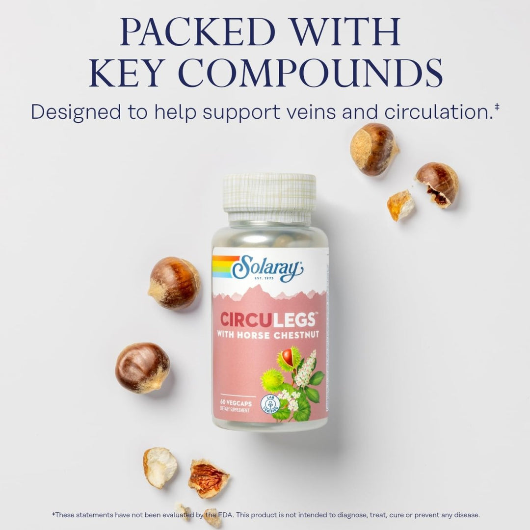 SOLARAY CircuLegs with Horse Chestnut Extract, Gotu Kola, Butcher's Broom, and More, Circulation and Vein Support for Healthy Legs, 60 - Day Guarantee, Lab Verified (30 Serv, 60 VegCaps) - The Oasis of Health