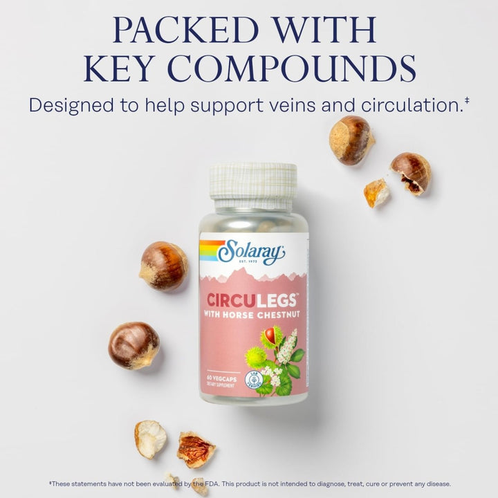 SOLARAY CircuLegs with Horse Chestnut Extract, Gotu Kola, Butcher's Broom, and More, Circulation and Vein Support for Healthy Legs, 60 - Day Guarantee, Lab Verified (30 Serv, 60 VegCaps) - The Oasis of Health