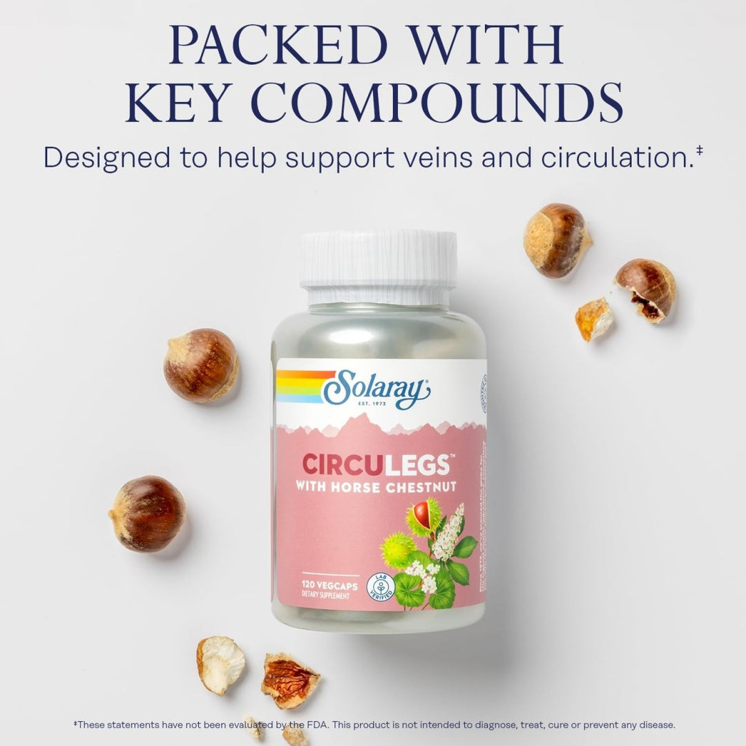 SOLARAY CircuLegs with Horse Chestnut Extract, Gotu Kola, Butcher's Broom, and More, Circulation and Vein Support for Healthy Legs, 60 - Day Guarantee, Lab Verified (60 Serv, 120 VegCaps) - The Oasis of Health