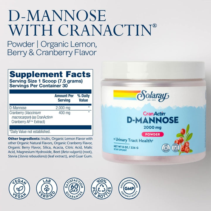 SOLARAY D - Mannose with CranActin Cranberry AF Extract Powder - Healthy Urinary Tract Support - 8 oz (226 g), 30 Servings - The Oasis of Health