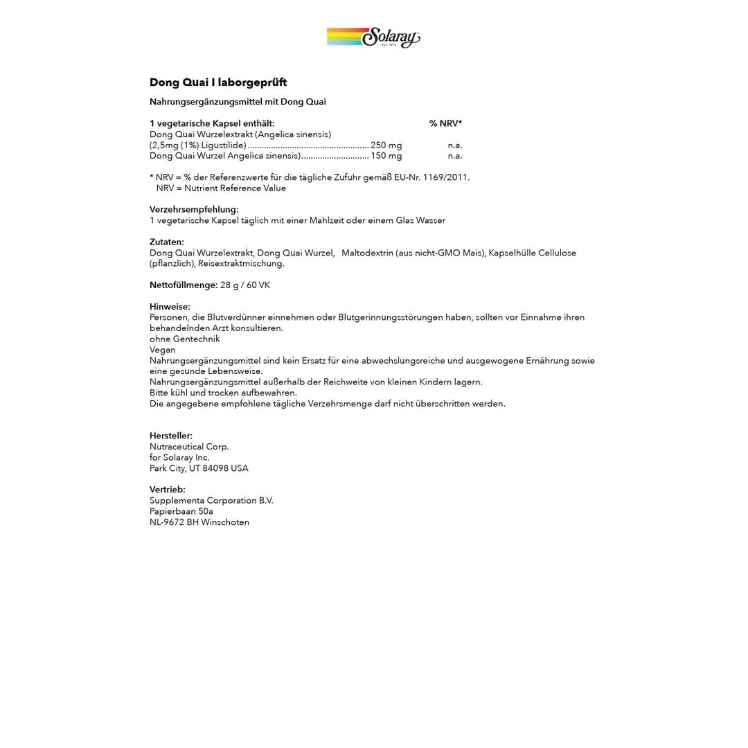 Solaray Dong Quai Root Extract - 60 Count - The Oasis of Health