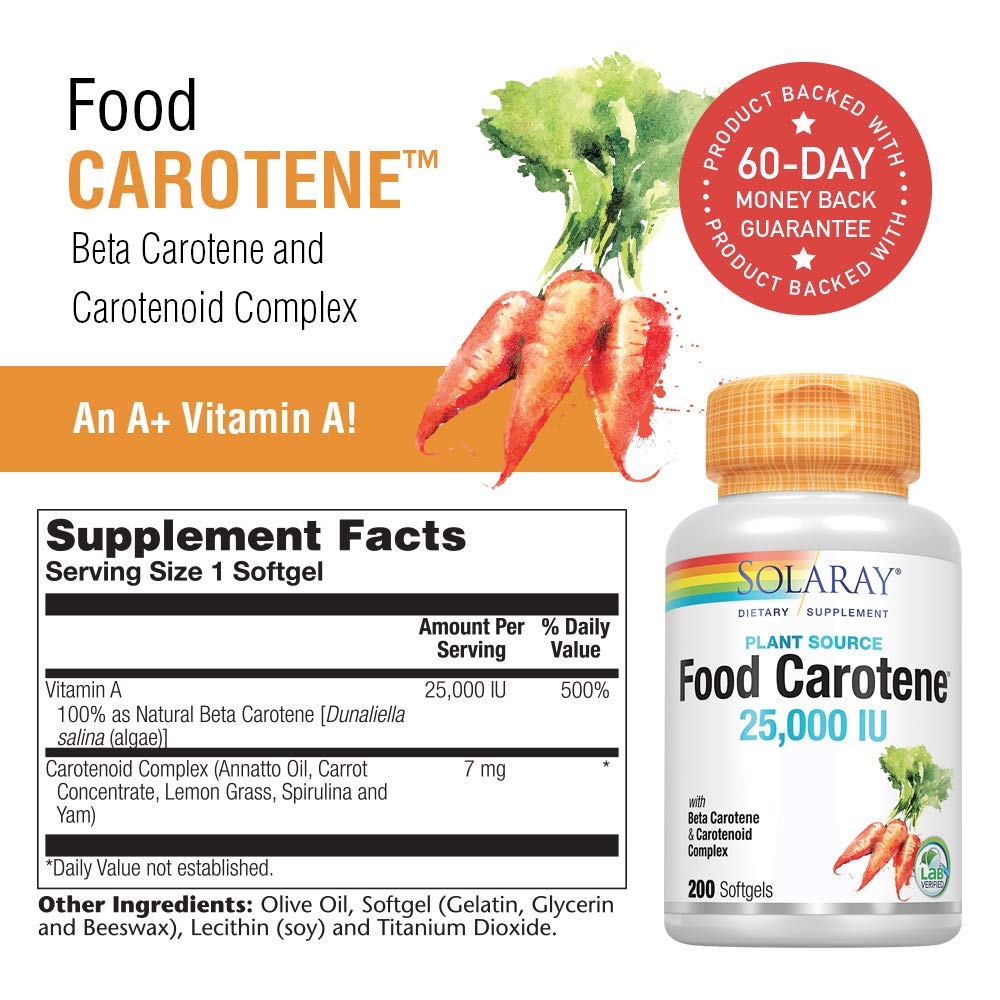 SOLARAY Food Carotene, Vitamin A as Beta Carotene 25000IU Carotenoids for Healthy Skin & Eyes, Antioxidant Activity & Immune System Support (076280041217) (200 CT) - The Oasis of Health