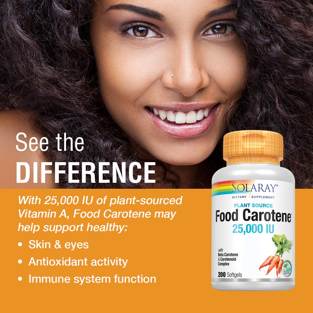 SOLARAY Food Carotene, Vitamin A as Beta Carotene 25000IU Carotenoids for Healthy Skin & Eyes, Antioxidant Activity & Immune System Support (076280041217) (200 CT) - The Oasis of Health