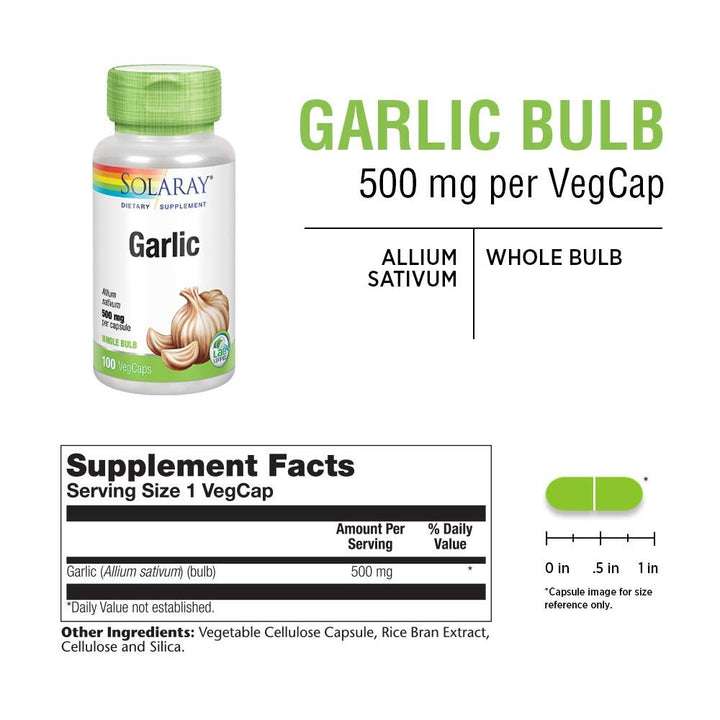 SOLARAY Garlic Bulb 500 mg | Healthy Immune, Circulatory & Cardiovascular Systems Support | Vegan, Non - GMO | 100 VegCaps - The Oasis of Health