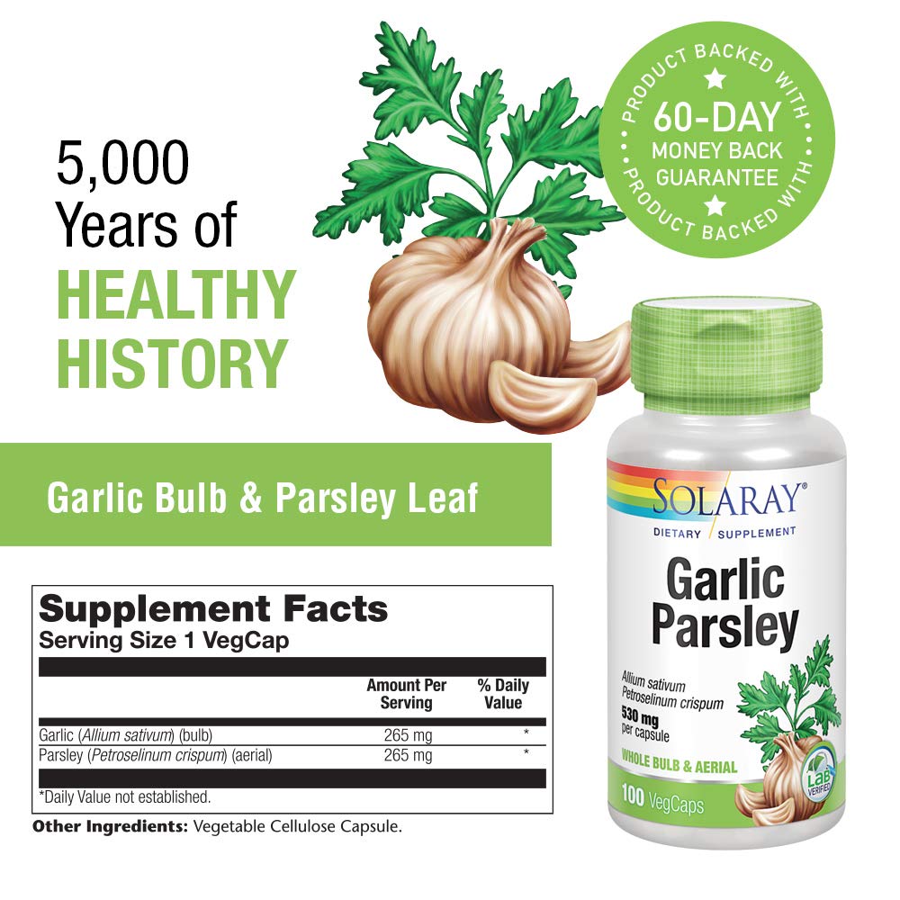 SOLARAY Garlic Bulb & Parsley Leaf 530mg | Healthy Cardiovascular and Immune System Function Support | Non - GMO, Vegan & Lab Verified | 100 VegCaps - The Oasis of Health