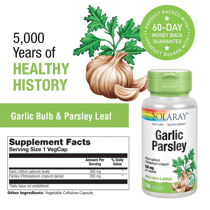 SOLARAY Garlic Bulb & Parsley Leaf 530mg | Healthy Cardiovascular and Immune System Function Support | Non - GMO, Vegan & Lab Verified | 100 VegCaps - The Oasis of Health