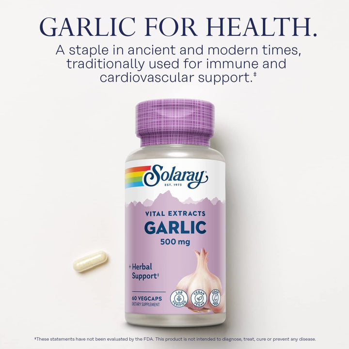 SOLARAY Garlic Supplement 500mg, Vegan, Odorless Garlic Extract, Traditionally Used for Heart Health and Immune Support, Vegan, Odor Free, Lab Verified, 60 Day Guarantee, 60 Serv, 60 Enteric VegCaps - The Oasis of Health