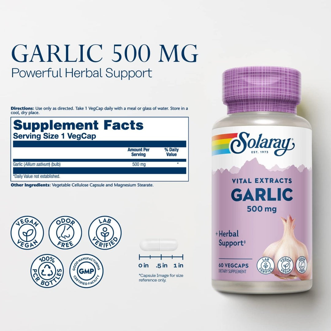 SOLARAY Garlic Supplement 500mg, Vegan, Odorless Garlic Extract, Traditionally Used for Heart Health and Immune Support, Vegan, Odor Free, Lab Verified, 60 Day Guarantee, 60 Serv, 60 Enteric VegCaps - The Oasis of Health