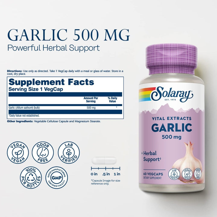 SOLARAY Garlic Supplement 500mg, Vegan, Odorless Garlic Extract, Traditionally Used for Heart Health and Immune Support, Vegan, Odor Free, Lab Verified, 60 Day Guarantee, 60 Serv, 60 Enteric VegCaps - The Oasis of Health