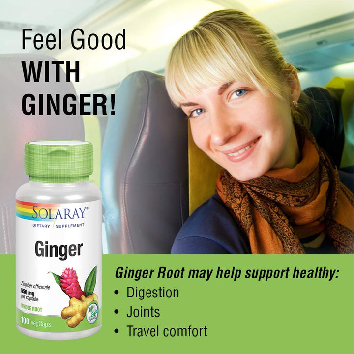 SOLARAY Ginger Root 1100mg | Healthy Digestion, Joints and Motion & Stomach Discomfort Support | Whole Root | Non - GMO & Vegan | 100 VegCaps - The Oasis of Health
