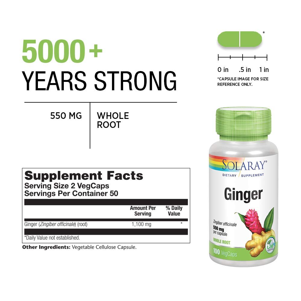 SOLARAY Ginger Root 1100mg | Healthy Digestion, Joints and Motion & Stomach Discomfort Support | Whole Root | Non - GMO & Vegan | 100 VegCaps - The Oasis of Health