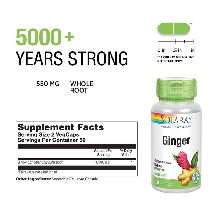 SOLARAY Ginger Root 1100mg | Healthy Digestion, Joints and Motion & Stomach Discomfort Support | Whole Root | Non - GMO & Vegan | 100 VegCaps - The Oasis of Health