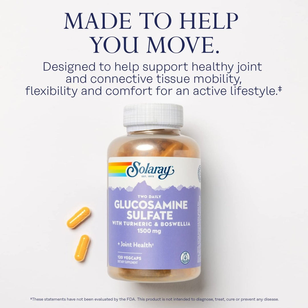 SOLARAY Glucosamine Sulfate 1500mg, Healthy Joint Support Supplement, Powerful Connective Tissue and Joint Health Formula with Turmeric & Boswellia, 60 - Day Money Back Guarantee, 60 Serv, 120 VegCaps - The Oasis of Health