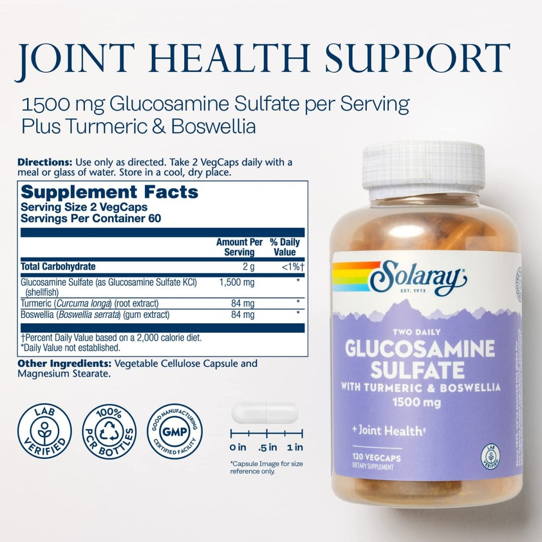 SOLARAY Glucosamine Sulfate 1500mg, Healthy Joint Support Supplement, Powerful Connective Tissue and Joint Health Formula with Turmeric & Boswellia, 60 - Day Money Back Guarantee, 60 Serv, 120 VegCaps - The Oasis of Health